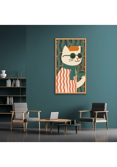 Gözlüklü Kahveci Kedi - Metal Tablo - Dec0329 36 X 65 Cm Çok Renkli
