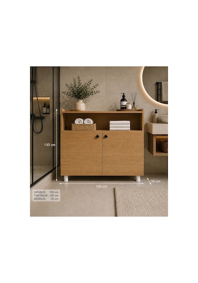Raflı Kapaklı Ahşap Banyo Dolabı Bej