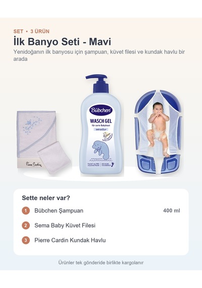 İlk Banyo Seti 3 Parça: Bübchen Şampuan + Sema Baby Küvet Filesi + Pierre Cardin Kundak Havlu - Mavi