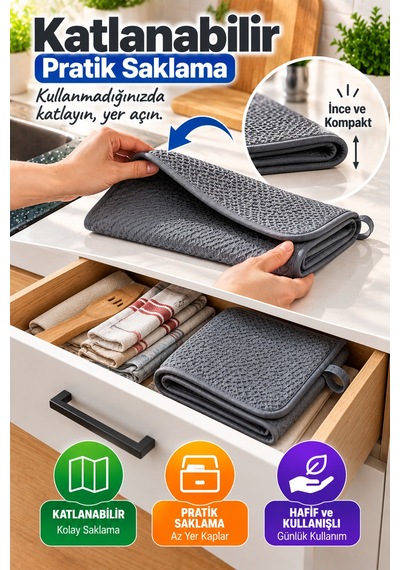 Gri Bez Mikrotex Bulaşık Kurutma Matı 45x36 Cm Süper Emici Katlanabilir Tezgah Üstü Kurutma Matı
