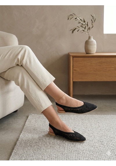 Ciel Noir Kadın Pudra Örgü Detaylı Arkası Açık Babet / Triko Slingback Yazlık Ayakkabı Siyah
