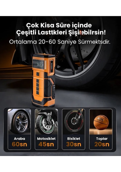 A5577 Akü Takviyeli Hava Kompresörü 4'ü 1 Arada Powerbank, Hava Kompresörü, Lcd Ekran, 8.000mah 150psı