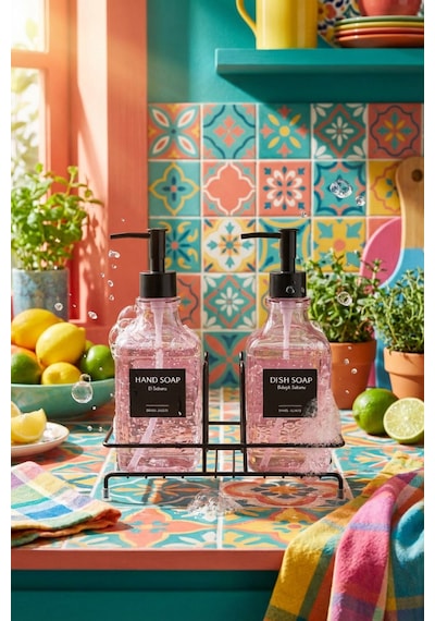 Makri Home Modern Cam Ikili Sıvı Sabunluk & Deterjanlık Seti- 500 Ml Cam Sabunluk, Metal Stand'lı Siyah