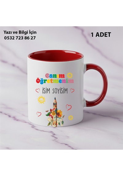 Kişiye Özel İsimli Canım Öğretmenim Tasarımlı Kupa Bardak Öğretmenler Günü İçin Hediyelik Kırmızı