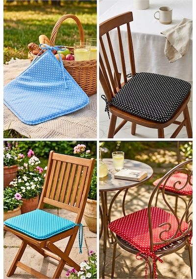 Comfort 4 Adet Sandalye Minderi Bağcıklı Özel Dikişli Süngerli Pamuklu Kumaş Sandalye Minderi Puanlı Mavi