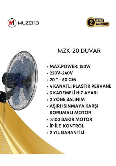 Muzeko Mzk-20 Ev Ve Ofisler İçin 2 Salınımlı 4 Kanatlı Duvar Tipi