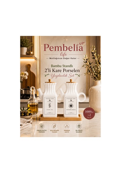 Bambu Standlı 2'li Etiketli Kare Porselen 1000ml Yağdanlık Set Takım Beyaz Beyaz