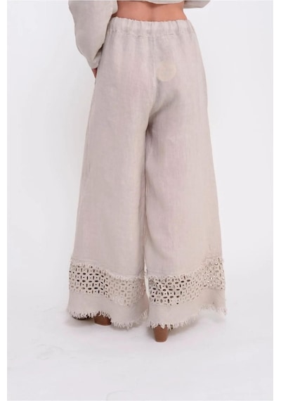 Bohem Stil İtalyan Fisto Detaylı Keten Pantolon-8748 Bej