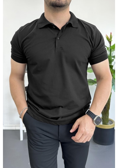 Erkek Slim Fit Düz Renk Pamuklu Soft Polo Tişört Siyah Edw365 Siyah