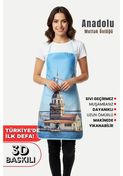 Anadolu 3 Boyutlu Mutfak Önlüğü 3d Baskılı Mutfak Önlüğü Sıvı Su Geçirmez Mutfak Önlüğü Kız Kulesi