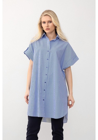 Olcay Yandan Yırtmaçlı Çizgili Poplin Tunik Mavi 9283