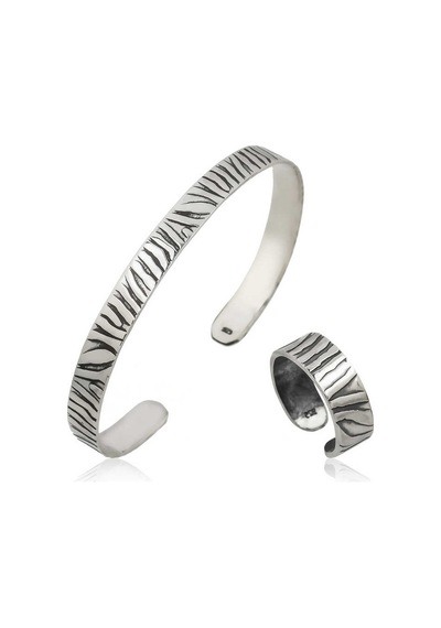 Stillove Gümüş Zebra Desenli Bileklik ve Yüzük Set