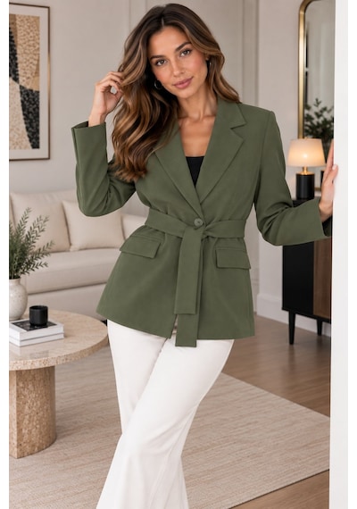 Lima Haki Kadın Kuşaklı Blazer Ceket Klasik Yaka Tek Düğmeli Cepli Şık Ceket