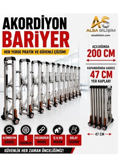 Avax Akordiyon Bariyer 2 Metre Açılabilir, Katlanabilir Alüminyum Güvenlik Bariyeri