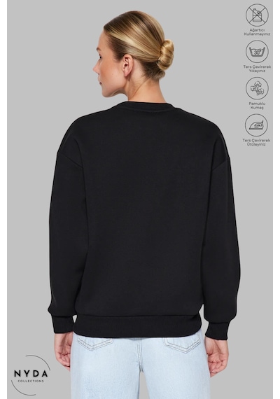 Unisex Bugs Bunny Baskılı Bisiklet Yaka Kapüşonsuz Şardonlu Oversize %100 Pamuk Penye Sweatshirt Siyah