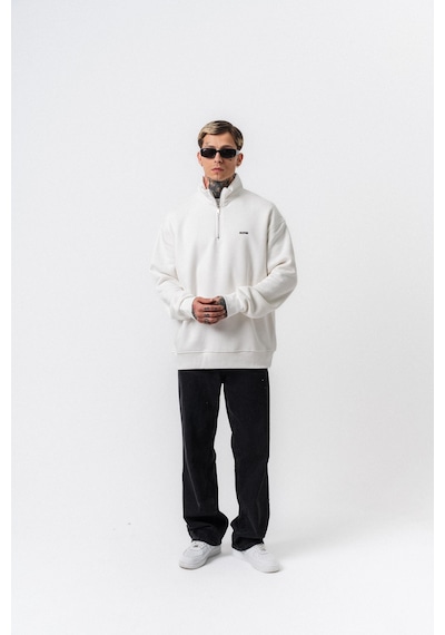 Erkek Respire Yazı Detaylı Yarım Fermuarlı Basic Sweatshirt Ekru