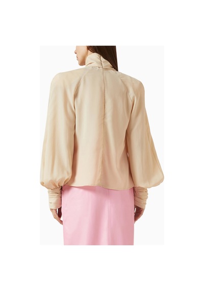 Rowen Rose Oversized Bow - Neck Blouse, Lüks Georgette Yüksek Yakalı Şık Balon Kollu Bluz Bej