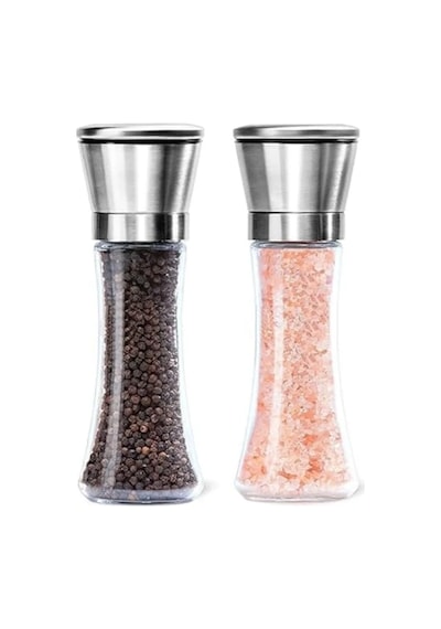 Cam Gövdeli Metal Krom Kapaklı Tuz Karabiber Değirmeni Seti 19 Cm Açık Ahşap