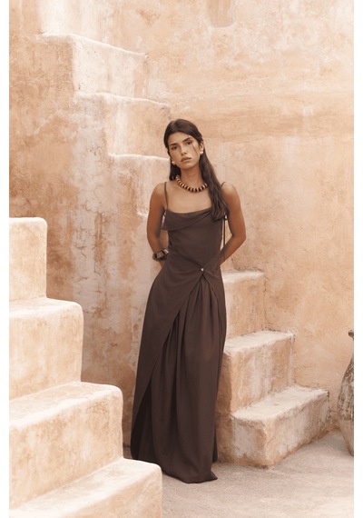 Mai Collection Mai Studios Co. Blantyre Askılı Uzun Kahve Keten Elbise Kahve