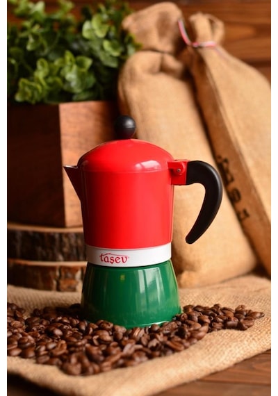 Taşev T1196 Adamo Moka Pot 3 Fincan Kırmızı&yeşil alüminyum