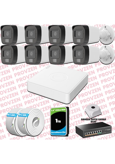 Provzen Hikvision 8 Kameralı Ip Full Hd Renkli Güvenlik Kamerası Mikrofonlu