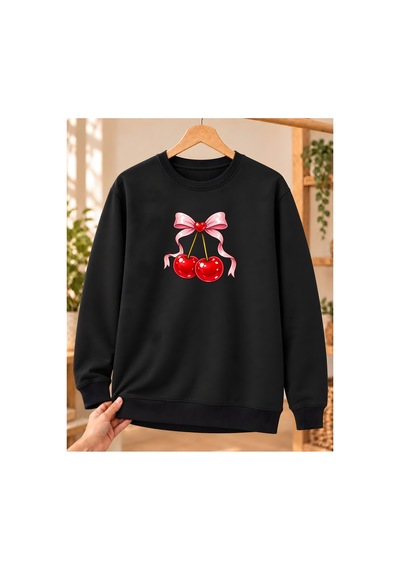Mor Mürekkep Kadın %100 Pamuk 3 İplik Şardonlu Kalpli Fiyonklu Kiraz Baskılı Bisiklet Yaka Sweatshirt Siyah