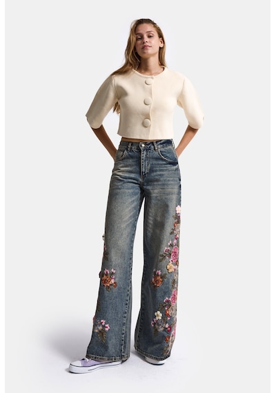 Kadın Kot Renk 4w6-8 Palazzo Fit Nakış Ve 3d Gül Detaylı Özel Tasarım Denim Jean