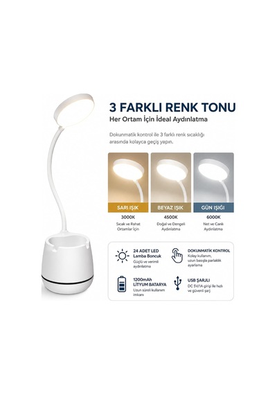 Masa Lambası Şarjlı Dokunmatik 24 Led'li, 3 Renk Modlu Ayarlanabilir Işık, Usb Şarjlı, Esnek Gövde, Modern Masa Çok Renkli