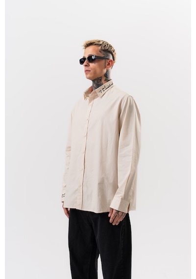 Respire Erkek Nakış Detaylı Poplin Oversize Gömlek Bej