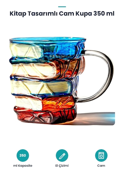 Kitap Tasarımlı Kupa Bardak - 350 Ml - El Çizimi Özel Tasarım - Cam Çok Renkli