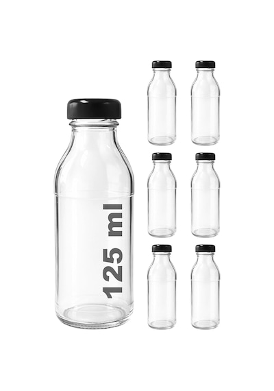125 Ml Şeffaf Derin Siyah Metal Kapaklı Cam Şişe 125 Cc Meşrubat Şişesi Deep 6 Adet Çok Renkli