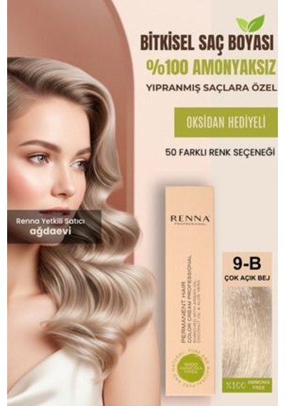 Renna Amonyaksız Bitkisel Yıpranmış Saçlar İçin Saç Boyası 9-b Çok Açık Bej 60ml