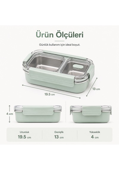 2 Bölmeli Termos Yemek Kabı Sızdırmaz Kapaklı, Paslanmaz Çelik İç Hazneli, 850 Ml - Su Yeşili