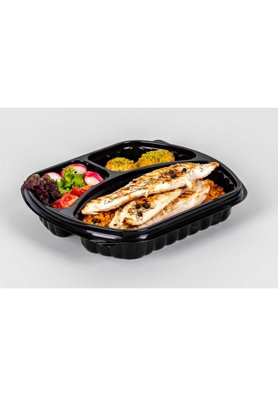 Şeffaf Kapaklı Sıcak Soğuk Isıya Dayanıklı Yemek Salata Kabı - 3 Bölmeli - 21x25 Cm. - 100 Adet