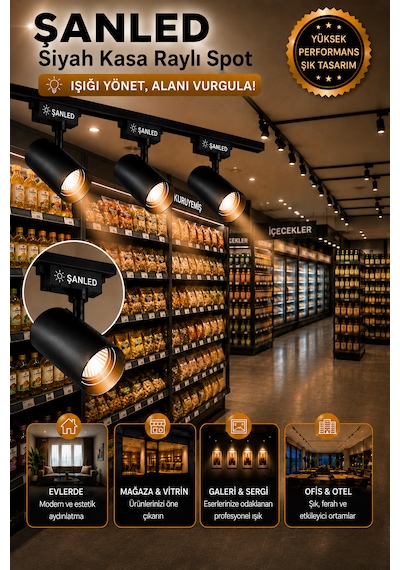 Led Siyah Kasa Gün Işığı 35w Raylı Spot / 8 Adet 3 Metre Ray