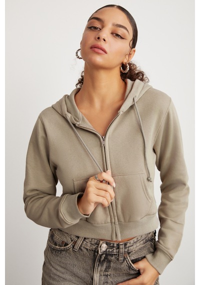 Grimelange Delıa Kadın Crop İçi Polarlı Fermuarlı Organik Pamuklu Kapüsonlu Kordonlu Bej Sweatshirt Bej