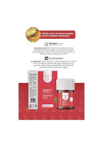 Erbatab Vitamin B12 Folik Asit B9 Takviye Edici Gıda 30 Çiğneme Tablet
