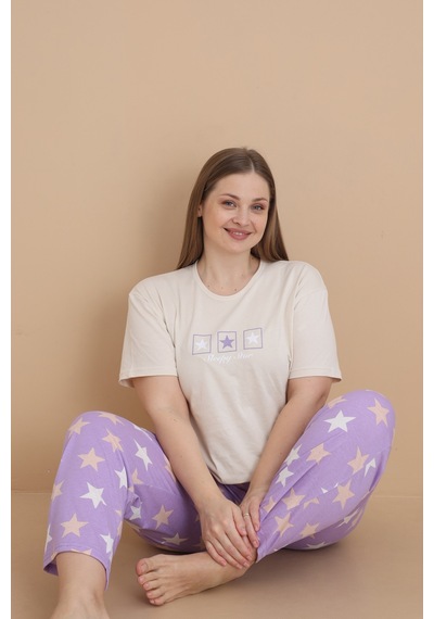 Wordex Mirano 4504 Yıldız Desenli Kısa Kollu Pamuklu Penye Büyük Beden Kadın Pijama Takımı Bej Wordex Mirano 4504 Yıldız Desenli Kısa Kollu Pamuklu Penye Büyük Beden Kadın Pijama Takımı Bej