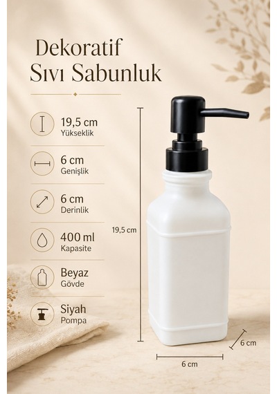 Aura Cam Sıvı Sabunluk 400 Ml Siyah Pompalı Modern Dekoratif Banyo Ve Mutfak Dispenseri - 19,5 Cm X 6 Cm X 6 Cm Beyaz
