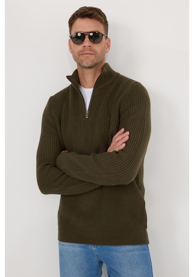 Tudors Erkek Slim Fit Dar Kesim Fermuarlı Haki Dik Yaka Triko Kazak-34923 Haki