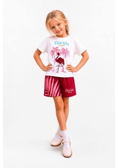 Eray Alp Kids Unisex Çocuk Beyaz Flamingo Baskılı Tişört Şort Takımı Yazlık Günlük Model