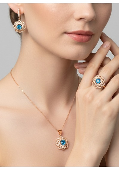 Gümüş Gold Gül Tasarım Kolye Küpe Yüzük Kadın Set No:12