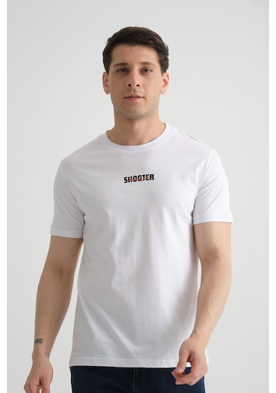 Shooter Sportwear Shooter Erkek T-shirt Minimal Baskılı Pamuklu Kumaş Standart Kalıp Beyaz