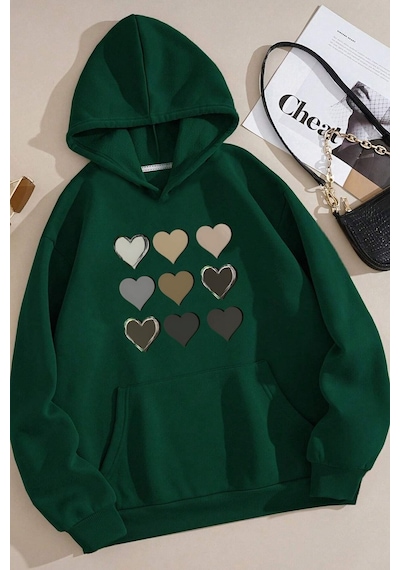 Uyguntarz Unisex Oversize Kalp Baskılı Sweatshirt Yeşil
