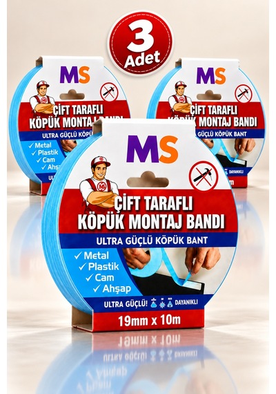 3 Adet Ultra Güçlü Çift Taraflı Köpük Montaj Bandı 19 Mm X 10 Mt Metal Plastik Cam Bantı Bantları