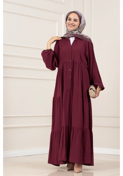 Sevitli Müslin Kumaş Robalı İvana Elbise-bordo-5808