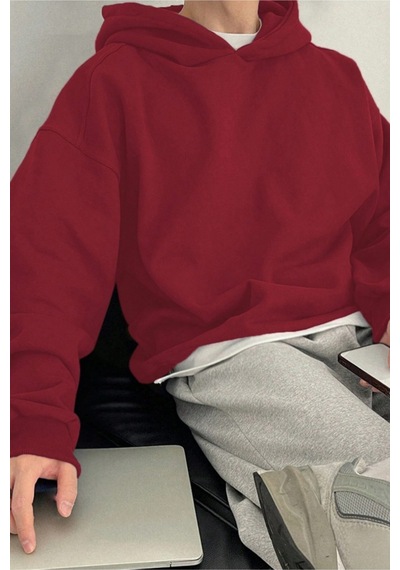 Tarz Cool Erkek Kapüşonlu Oversize Sweatshirt Bordo