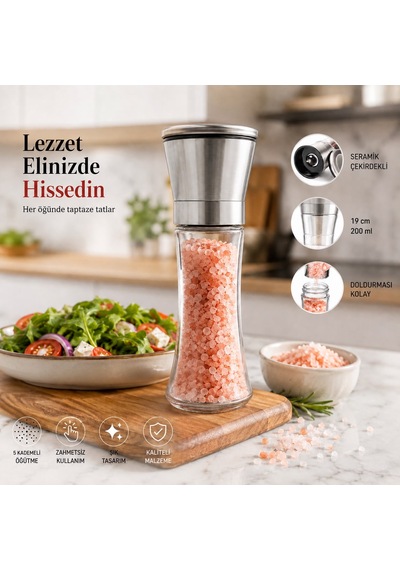 Seramik Öğütücülü 5 Kademe Ayarlı Tuz Ve Karabiber El Değirmeni - 200 Ml Şeffaf Cam Hazne 18 Cm Renksiz/şeffaf