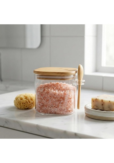 600 Ml Bambu Kapaklı Ve Kaşıklı Kare Cam Kavanoz, Vakumlu Ahşap Kapaklı Baharatlık, Kendinden Kaşık Yuvalı Şeker, Kahve Ve Banyo Tuzu Saklama Kabı Çok Renkli