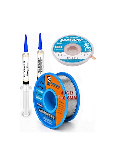 Lehimleme Seti 0,8 Mm 40 G Lehim Teli + 2,5 Mm 1,5 M Lehim Sökme Fitili Ve Krem Flux Seti Tk08